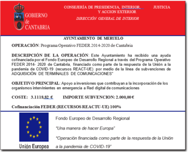 El Ayuntamiento ha recibido una subvención de 2.000 € a través del FEDER para la adquisición de terminales de comunicacioes